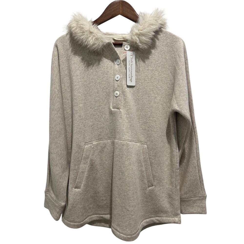 NWT Soft Surroundings Alpina Pullover Soft Taupe Heather Faux Fur Hood Size M